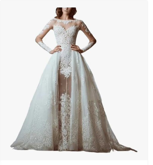 Bridal Gown with Detachable Train & Lace Long Sleeves