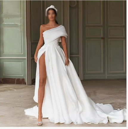 Simple One-Shoulder Slit Bow Wedding Dress