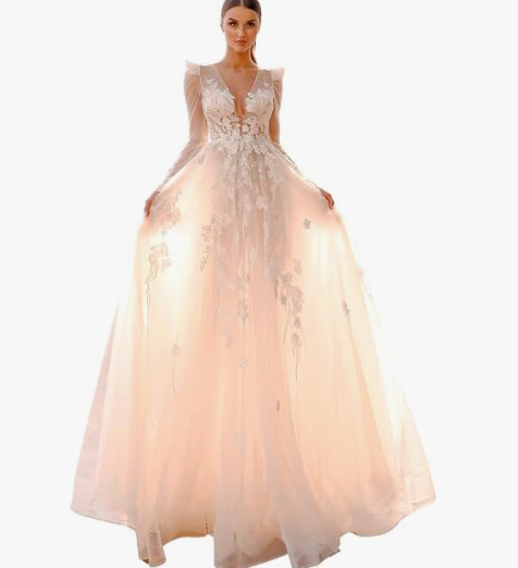 Krus A-Line Deep V-Neck Wedding Dress (Milk)