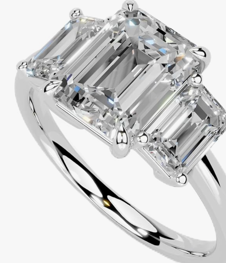 Emerald cut three-stone lab-grown diamond engagement ring in platinum