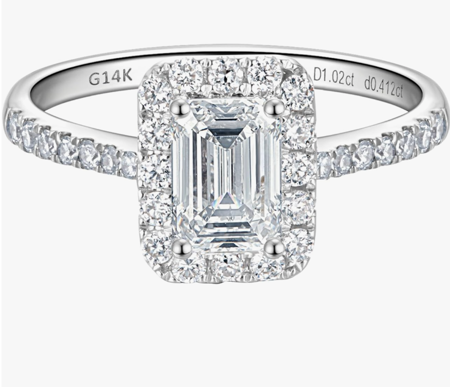 Halo 14k white gold lab-grown diamond engagement ring with pavé side stones