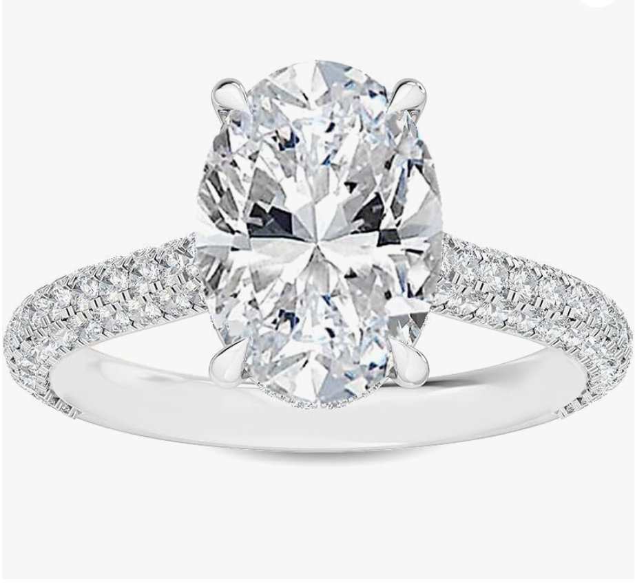Oval cut vintage-style lab-grown diamond engagement ring with pavé band