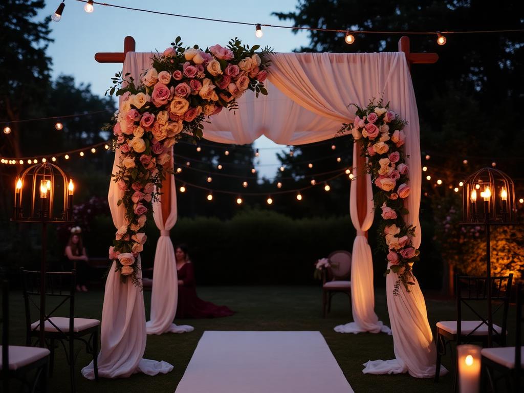 Draped floral wedding arch at dusk with string lights