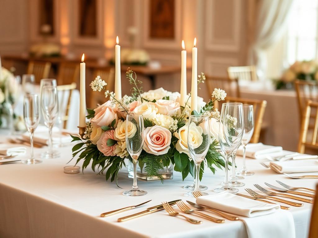 Candlelit wedding reception table with roses and gold flatware